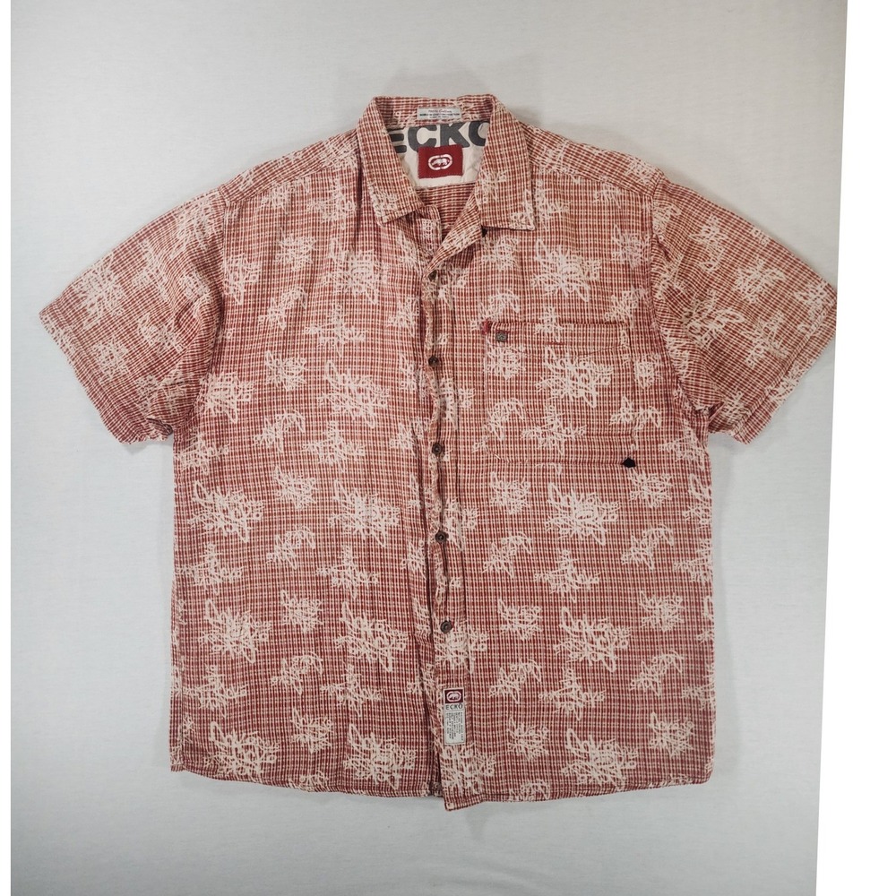 Ecko Unltd Button Down Shirt Mens XL Red Orange Short Sleeve Cotton Vintage Y2K
